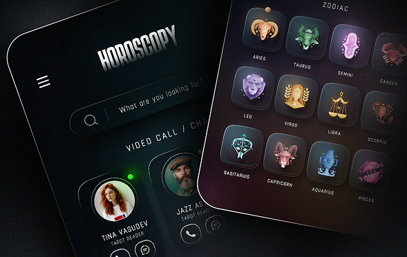 A tarot reading app interface displaying options for video calls with tarot readers and zodiac symbols for astrological signs
