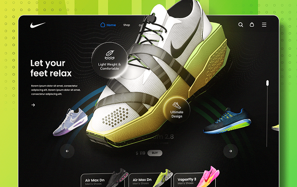 Nike website showcasing a stylish shoe with features like 'Light Weight & Comfortable' and 'Ultimate Design,' alongside other shoe options