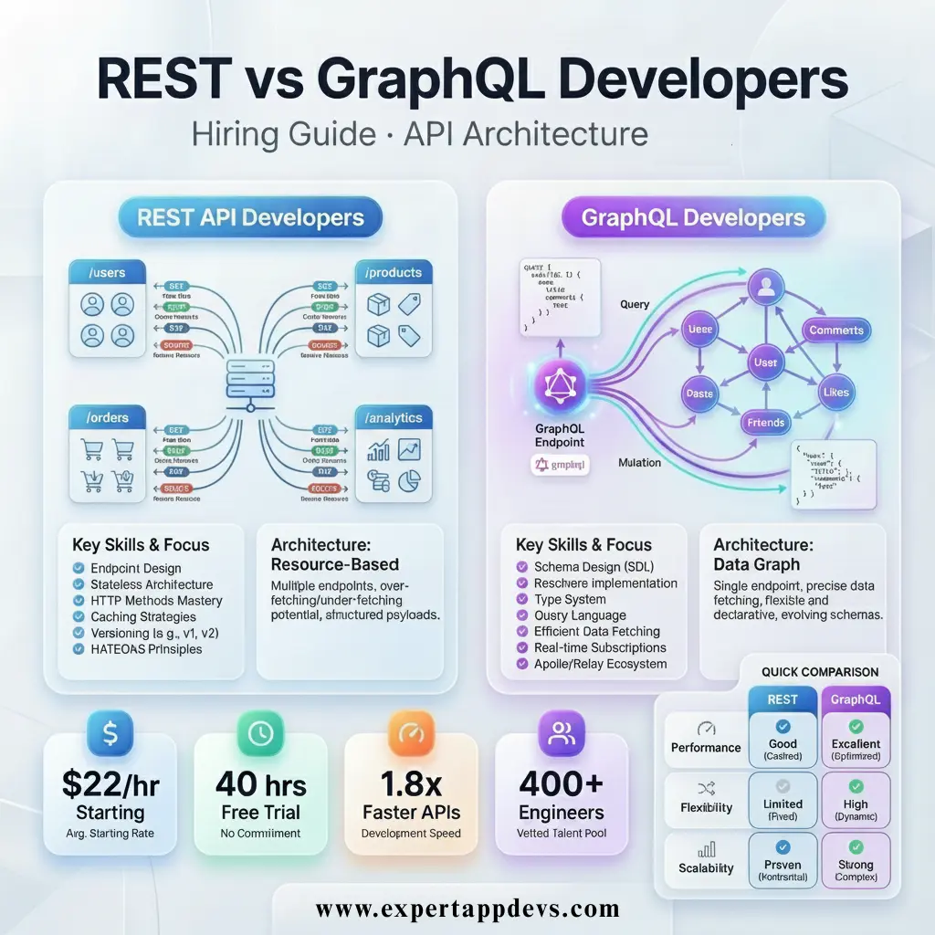 REST vs GraphQL API developer comparison infographic for SaaS and enterprise applications