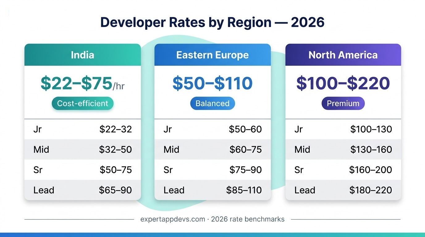 Dedicated developer hourly rate comparison by region in 2026: India, Eastern Europe, and North America Dedicated developer hourly rate comparison by region in 2026: India, Eastern Europe, and North America