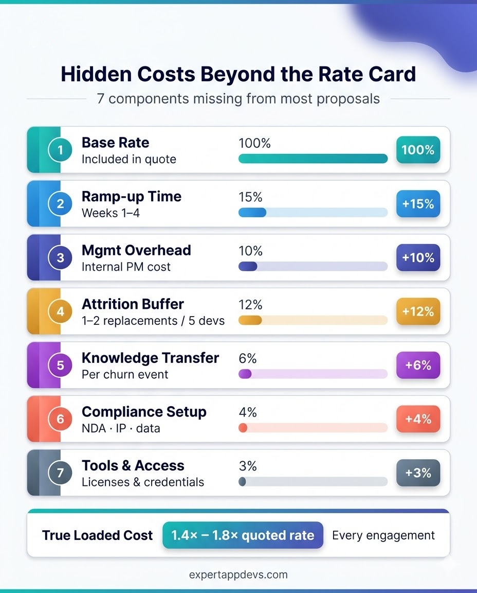 Infographic showing 7 hidden cost components beyond the quoted hourly rate when hiring dedicated developers in 2026 Infographic showing 7 hidden cost components beyond the quoted hourly rate when hiring dedicated developers in 2026