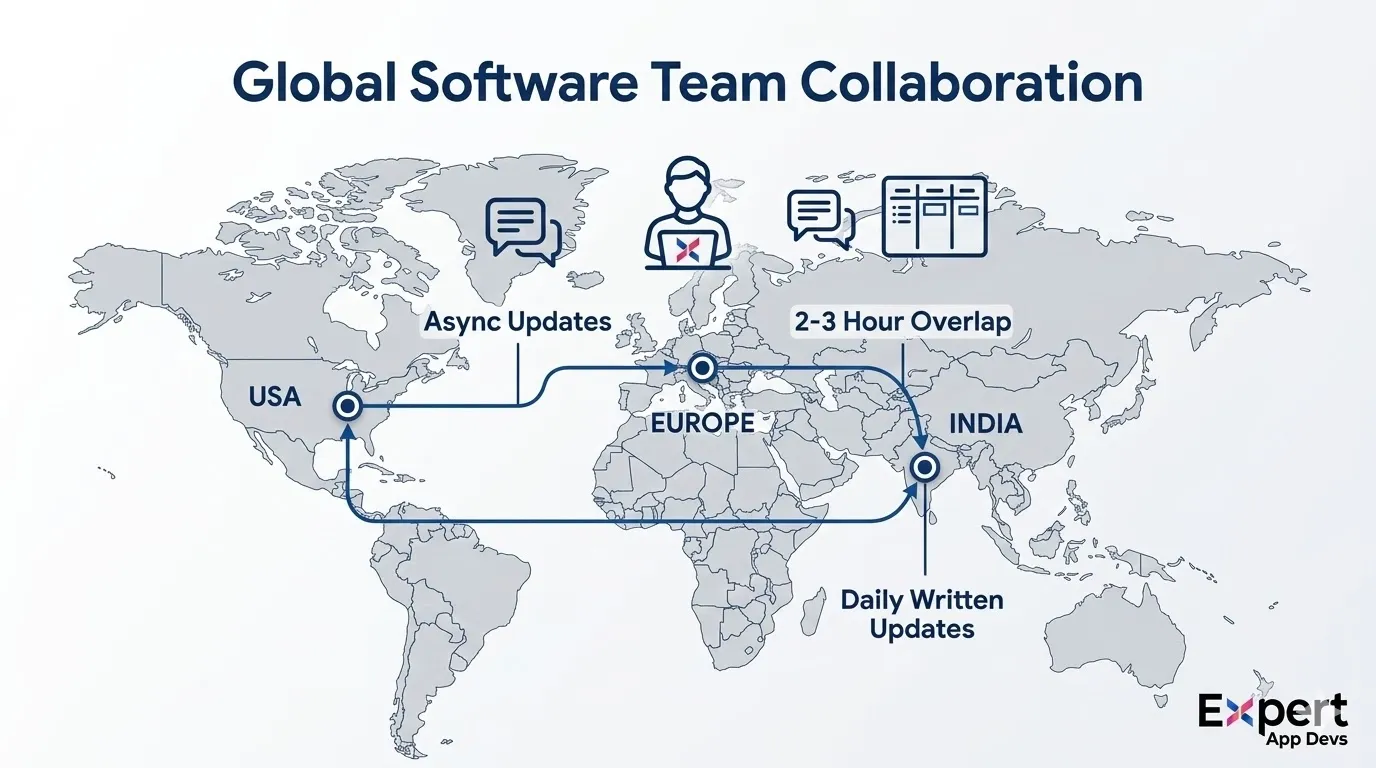 Global software teams collaborating across time zones using async workflows Global software teams collaborating across time zones using async workflows