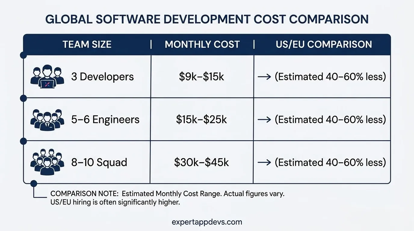 Typical monthly cost for offshore development teams in India by team size Typical monthly cost for offshore development teams in India by team size