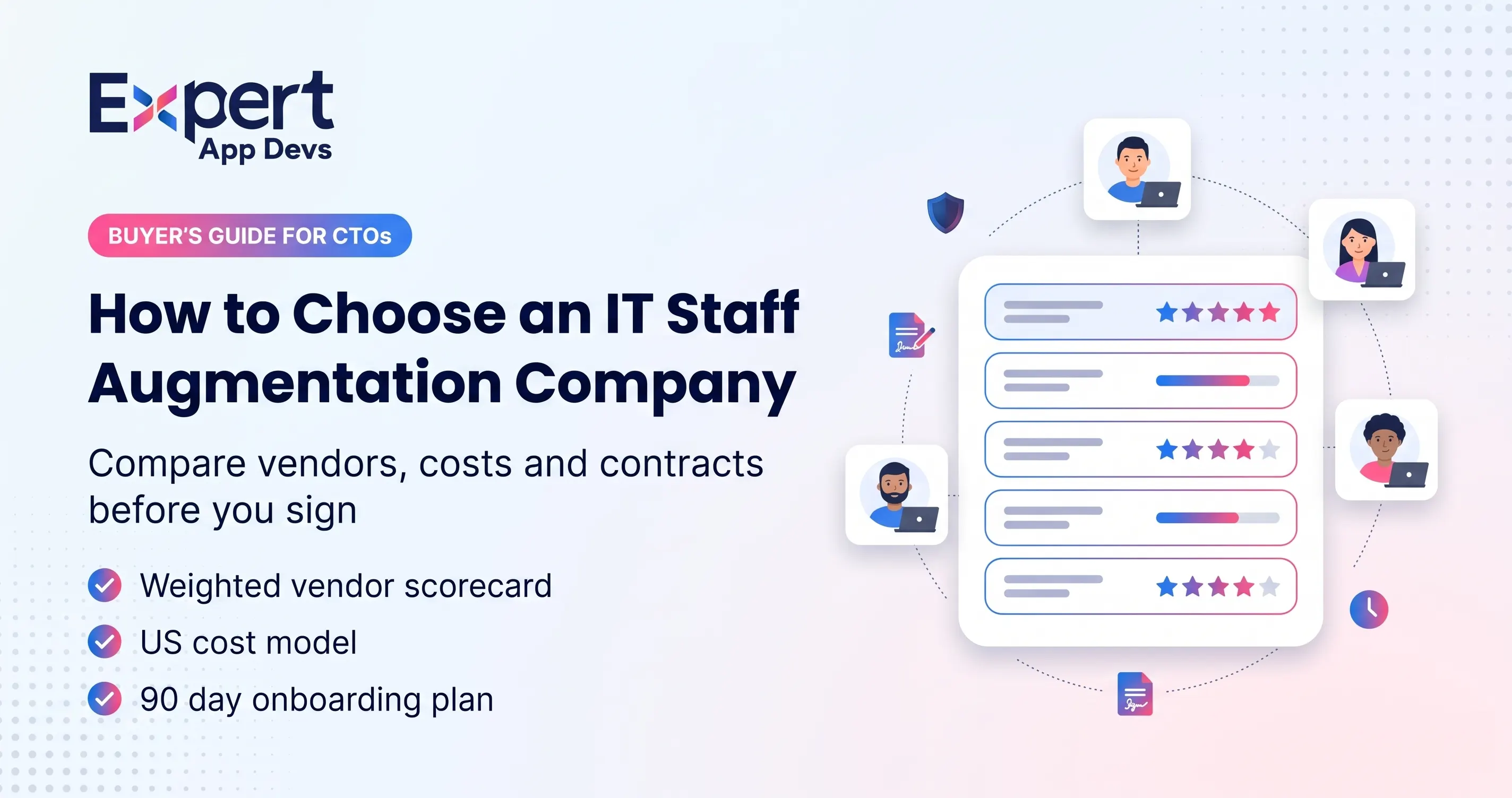 Banner for a guide on choosing an IT staff augmentation company, showing a vendor scorecard and a remote engineering team