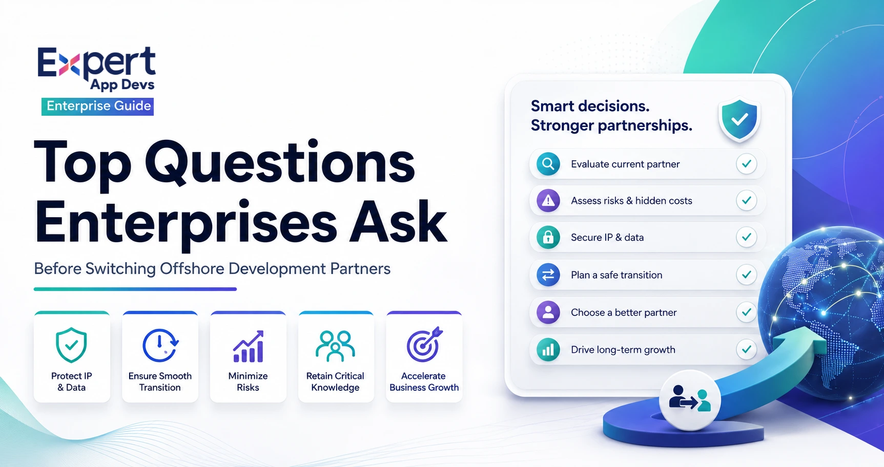 Enterprise guide showing the key questions businesses ask before replacing an offshore development partner, including vendor transition planning, IP protection, knowledge transfer, governance, and risk management.