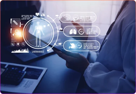 Blockchain healthcare system showing secure digital medical records, encrypted patient data, and decentralized health information management