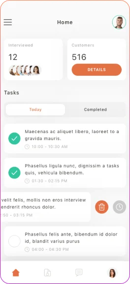 Candidate interview management dashboard with customer details, daily tasks, reminders, and CRUD operations
