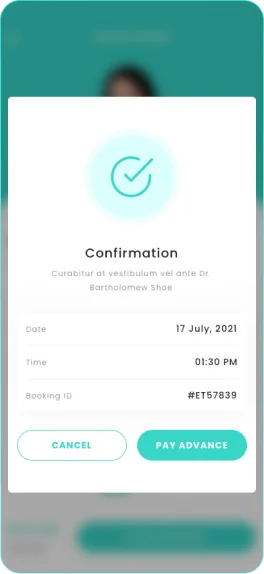 Healthcare app confirmation screen showing booking ID, appointment details, payment summary, and pay advance option for doctor consultation