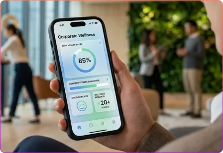 Corporate wellness platform with employee fitness challenges, health tracking, and engagement programs