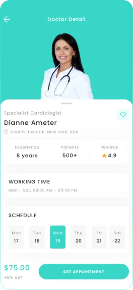 Healthcare app screen showing doctor profile, consultation charges, ratings, patient reviews, clinic address, and appointment scheduling interface