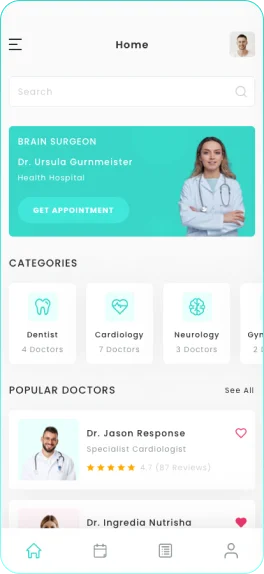 Healthcare mobile app home screen showing doctor categories, popular doctors, search options, and medical consultation booking interface