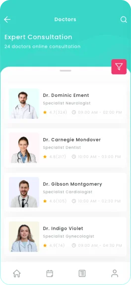 Healthcare app doctor filter screen showing specialist filters, consultation type, ratings, availability, and location-based search options