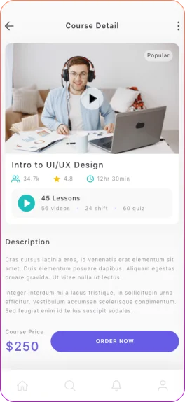 eLearning course details page with video preview, ratings, lessons, quizzes, pricing, and enroll now button