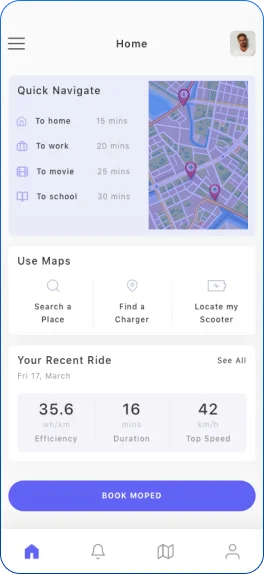 Electric scooter app home screen featuring map search, charger locator, scooter finder, recent ride statistics, and moped booking options