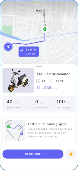 Electric scooter app displaying vehicle specifications, pricing, maximum speed, CO2 savings, range, nearby parking spots, and ride start controls