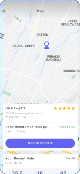 Electric scooter app navigation screen displaying route guidance, parking availability, ride ratings, travel distance, and estimated trip time