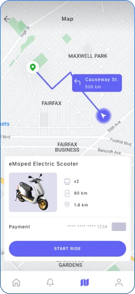 Electric scooter booking screen showing vehicle range, distance, payment options, scooter details, and start ride functionality