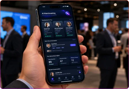 Interactive event networking application connecting attendees, exhibitors, sponsors, and speakers through AI-powered matchmaking