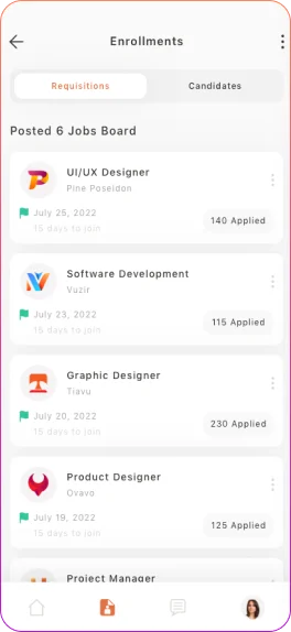 SaaS applicant tracking system showing enrollments, requisitions, candidates, and job board postings