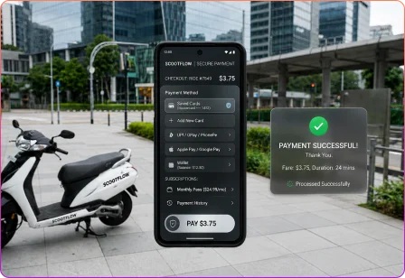 Electric scooter app with integrated digital payments, mobile wallets, credit cards, ride billing, and transaction management