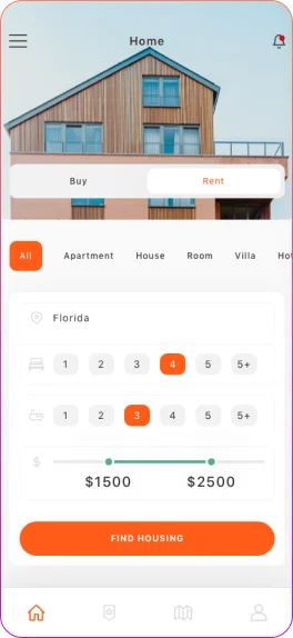 Real estate app search results displaying property listings, monthly rent, location, agent details, photos, contract options, and price filters