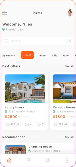 Property details screen in a real estate mobile app showing gallery, agent profile, ratings, property description, and Rent Now button