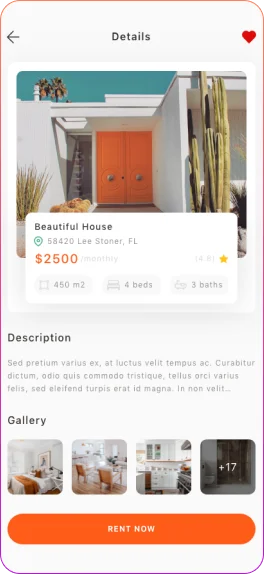Home dashboard of a real estate app featuring property search filters, luxury home offers, vacation rentals, and GPS-based recommendations