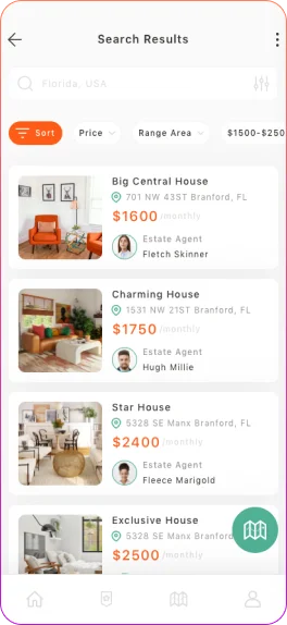 Buy and rent property search screen with apartment, house, villa, room filters, Florida location, budget range, and Find Housing CTA