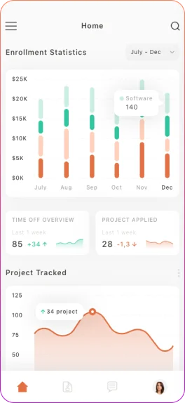 SaaS recruitment dashboard with enrollment status filters, search bar, project overview, and candidate tracking