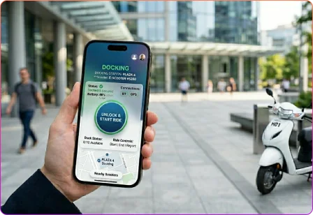 Electric scooter application featuring smart lock controls, docking station management, secure access, and automated vehicle unlocking