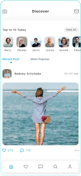 Social media app interface displaying recent posts, trending content, and most popular feed ranking system