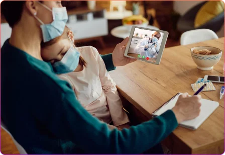 Telemedicine healthcare app interface showing virtual doctor consultation, video calling, and remote patient communication system