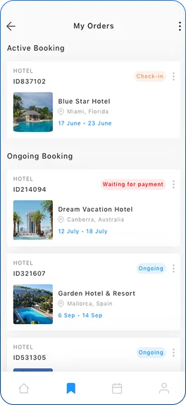 Travel app booking management screen showing reservation ID, check-in details, payment status, active bookings, and booking history