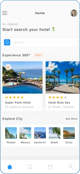 Travel app home screen featuring hotel search, top-rated hotels, city exploration, and personalized travel recommendations