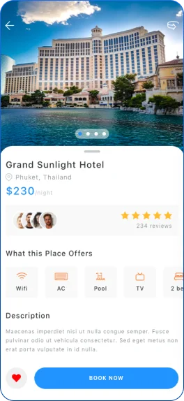 Hotel preview screen displaying ratings, reviews, amenities, property details, pricing, and instant booking options