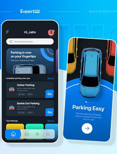 Car rental app development screen showing vehicle booking options and nearby parking spot finder with map integration