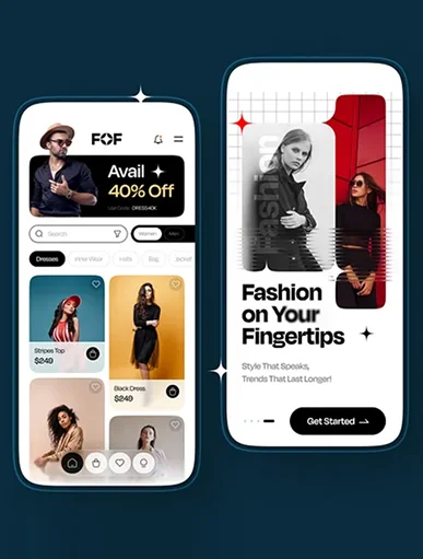 Fashion mobile application interface showcasing clothing catalog, product browsing, and stylish UI design for eCommerce shopping