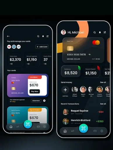 Fintech mobile app interface displaying digital payments, wallet balance, and transaction history with secure banking features