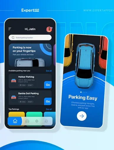 Smart parking mobile app connected with IoT sensors showing real-time parking availability and navigation to parking spots