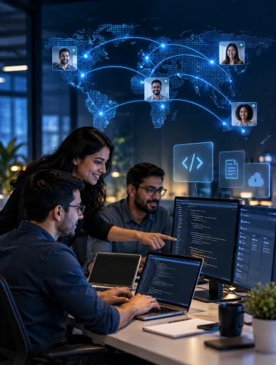 Software engineers reviewing API integrations between enterprise applications