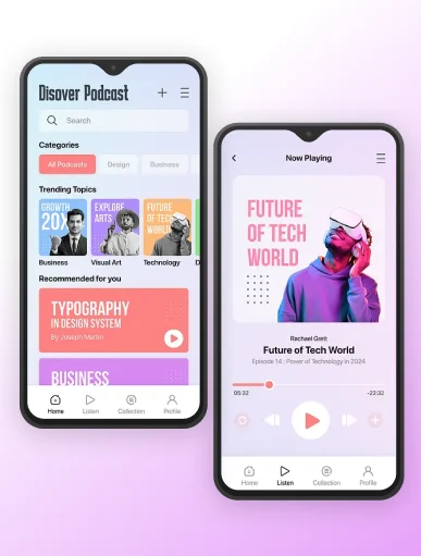 Podcast mobile app interface featuring audio streaming, episode playlist, and podcast discovery screen for users